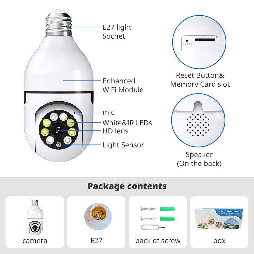 1080P E27 Light Bulb Camera Wireless Wifi Night Vision Camera Home Security 360°